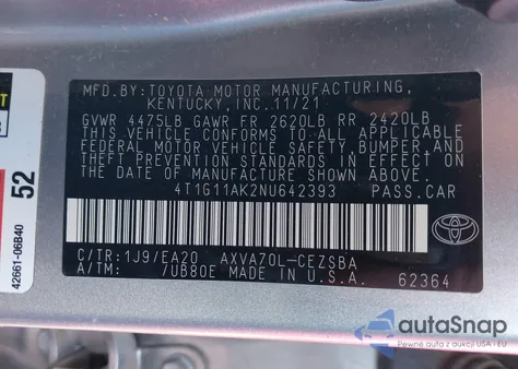 2022 Toyota Camry Se z USA, uszkodzony, nr VIN 4T1G11AK2NU642393